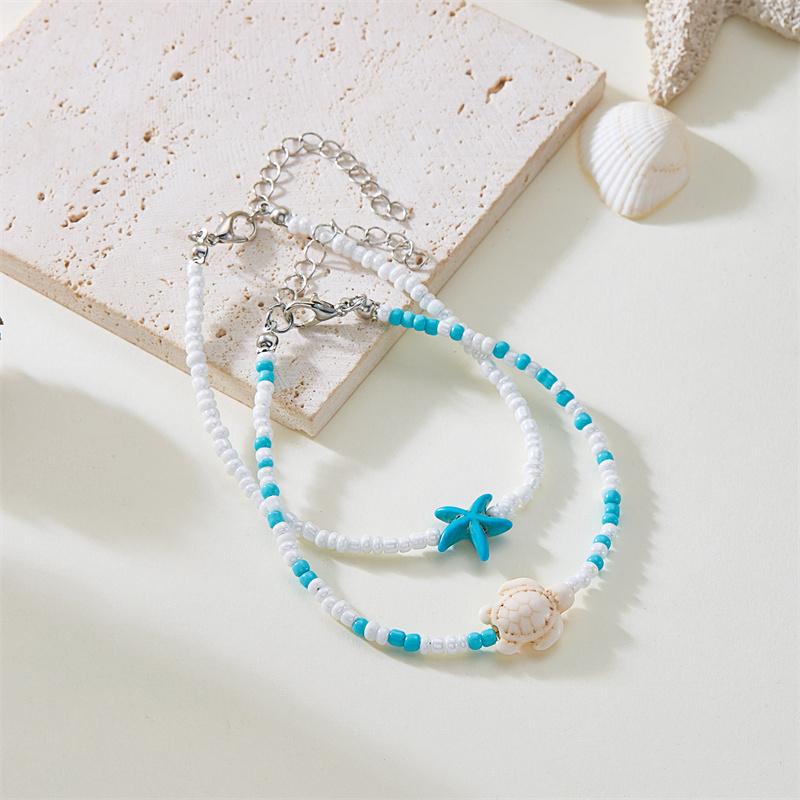 Cute Blue Starfish Beaded Anklets Set for Girls Matching Handmade Elastic Foot Bracelets Summer Holiday Jewelry Best Friend Gift