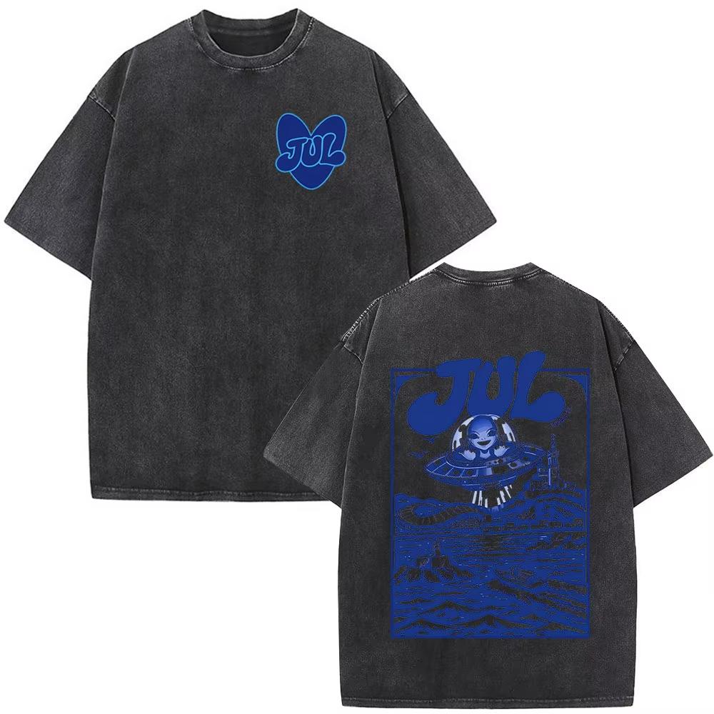 French Rapper Jul Album Merch Vintage Washed T Shirt Mens Clothing Cotton Casual Tshirts Fashion Hip Hop Short Sleeve Tshirts
