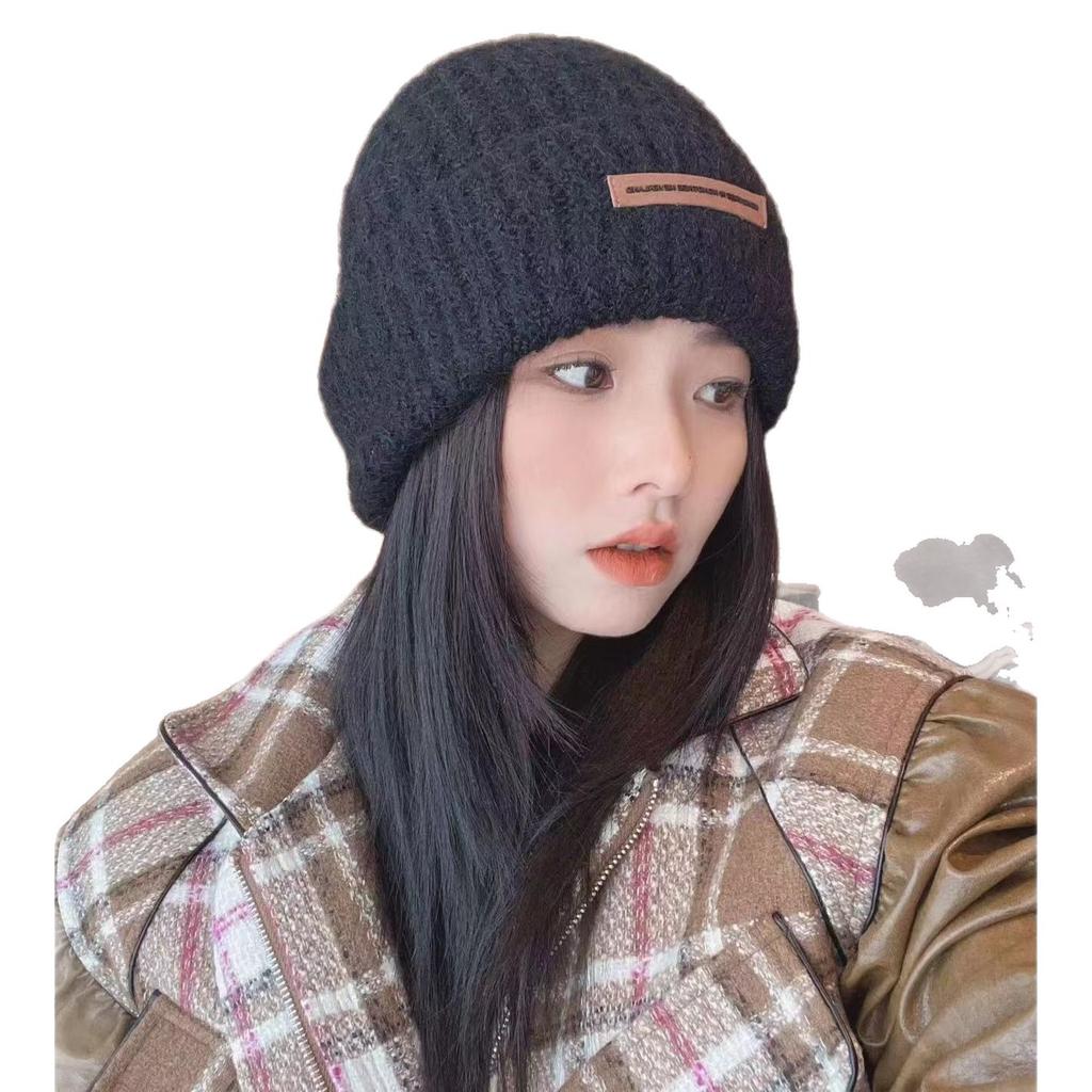 Wool Knitted Hat Small Leather Label Letter Wool Hat Women's Autumn and Winter Big Head Circumference Hat Cold Hat Tide Internet Celebrity Fashion