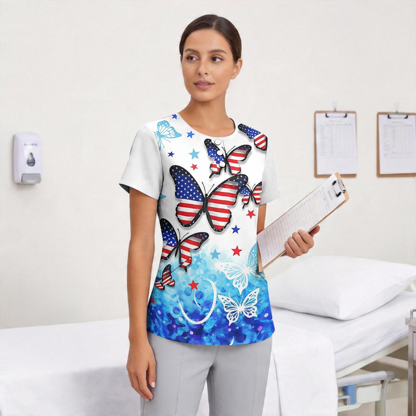 

Women s V-Neck Short Sleeve Work Top, Stretch Quick-Dry with Festive Print and Pockets S