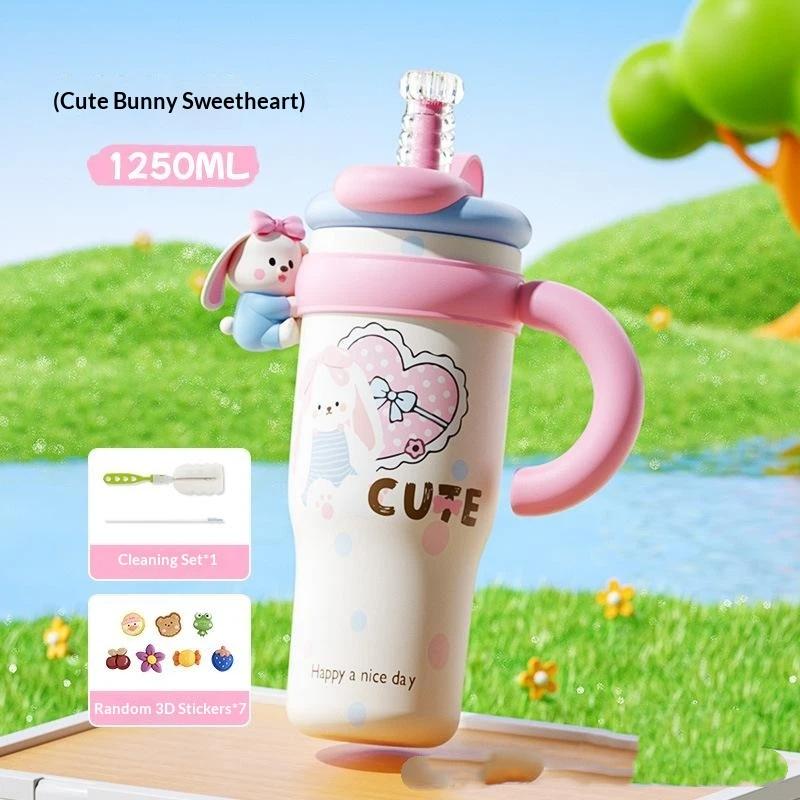 Large Capacity 1250ml Cute Cartoon Insulated Tumbler Straw Cup with Handle for Women Hiking Use