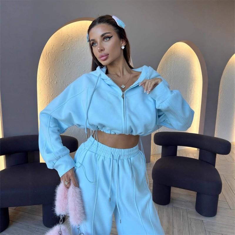 Womens Casual Two-Piece Set: Long Sleeve Zip-Up Hooded Top Wide Leg Pants Solid Color Stretch Comfort Fit