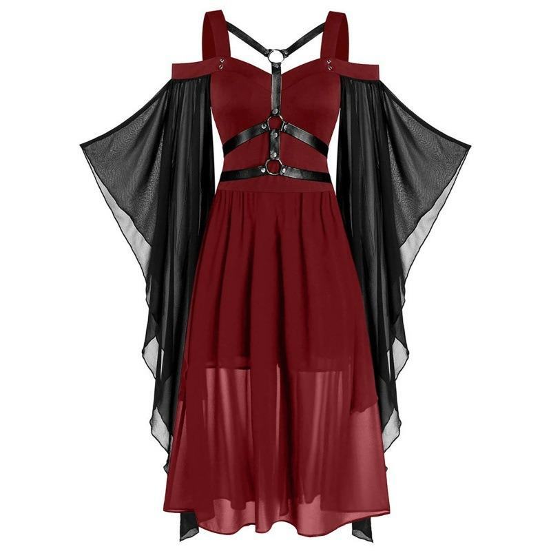 Plus Size Women's Gothic Irregular Halloween Witch Suspender Strap Flared Sleeve Dress S-XL