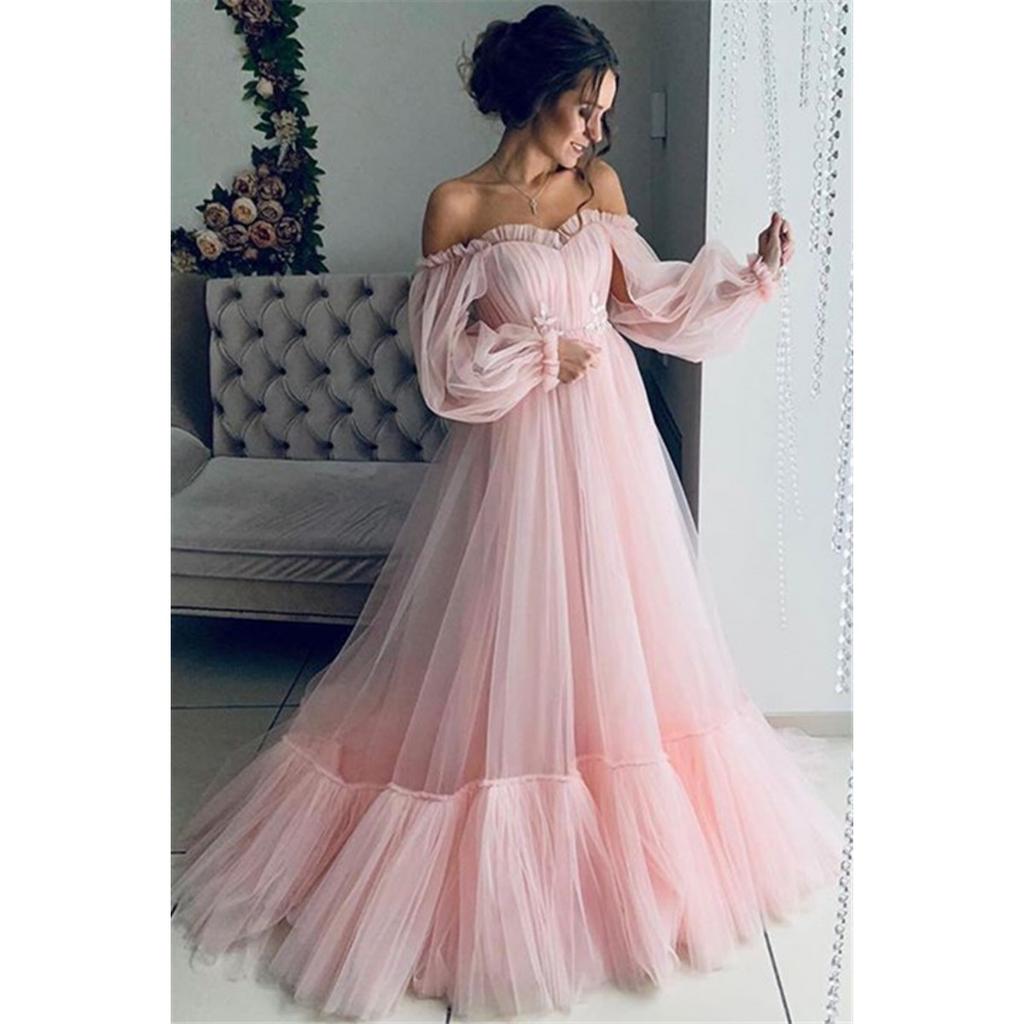 Neues Damen Europäisch-Amerikanischer Stil Schulterfrei Tüll Langarm A-Linie Hochzeitskleid Partykleid