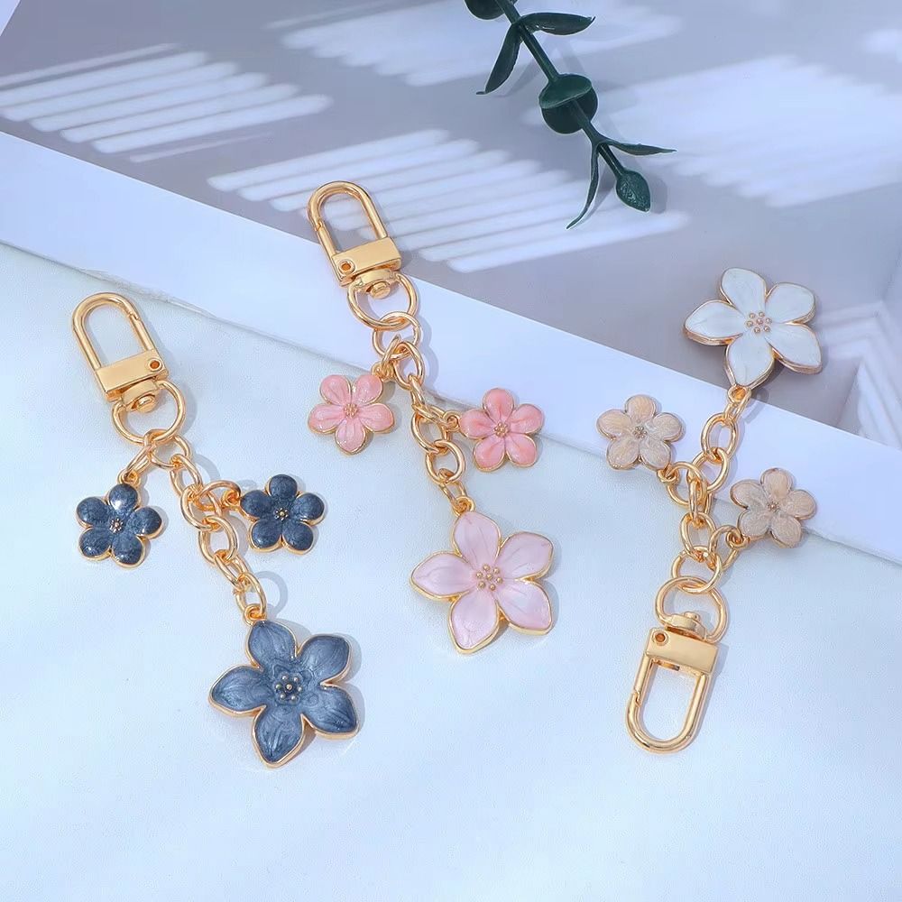 Alloy Cherry Blossom Keychain Enamel Coating Cute Bag Charm Durable Pearl Drop Keyring For Women