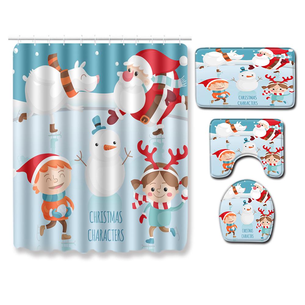 Christmas Shower Curtain Polyester Cloth Toilet Seat Four-Piece Set Entrance Door Mat Bedroom Living Room Floor Mat Carpet