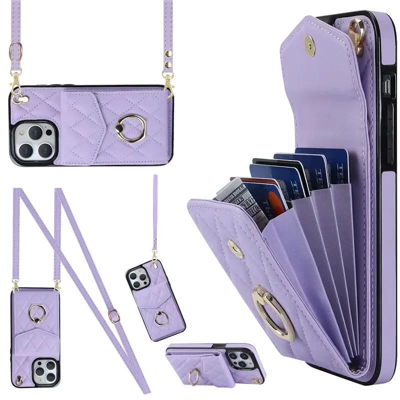 Crossbody Lanyard Leather Wallet Card Phone Case for iPhone 17 Air 16E 16 15 Pro Max 14 Plus 13 12 11 X XS XR Ring Flip Cover