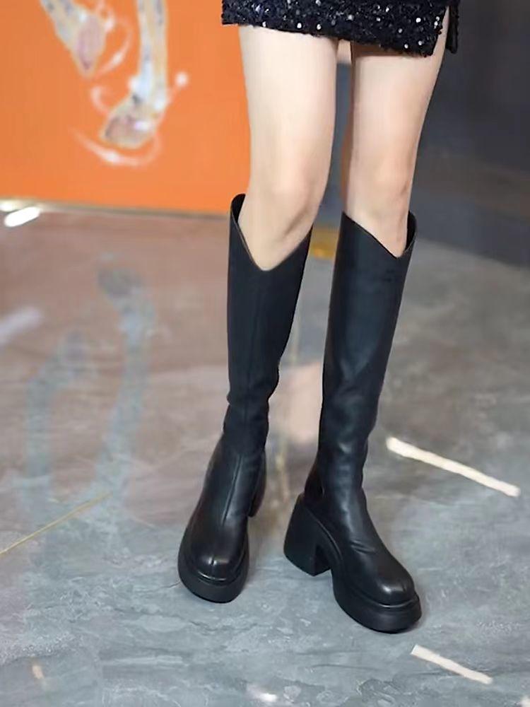 Round Toe Elegant Heeled Platform Leather Ladies Knee High Shaft Shoes Autumn Winter 2025 New Designer Luxury Women's Long Boots