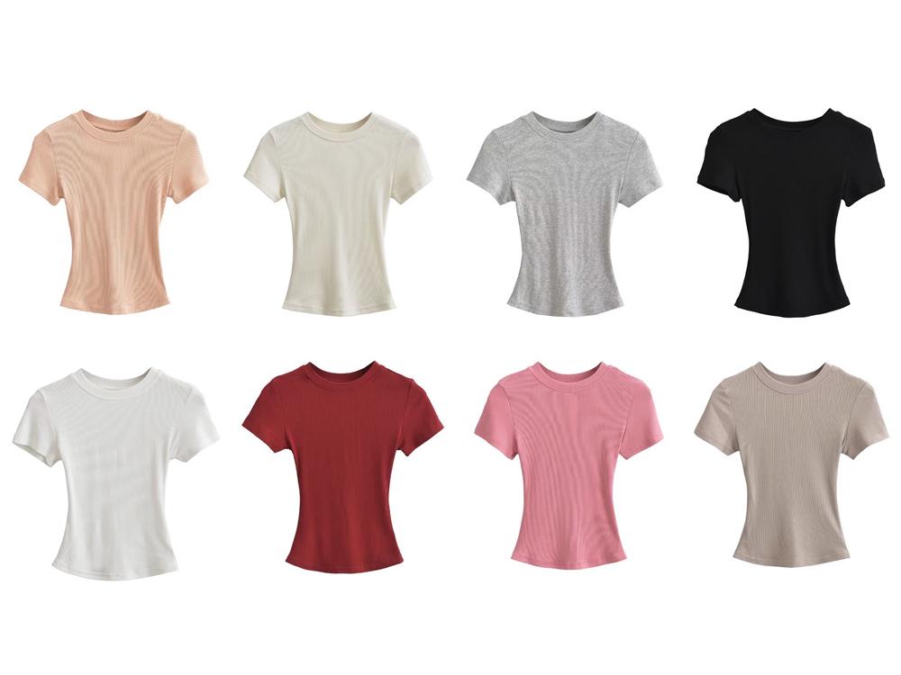 Trendy Women's Ribbed Slim Fit Short Sleeve T-Shirt with Sexy Round Neck and Straight Shoulders.