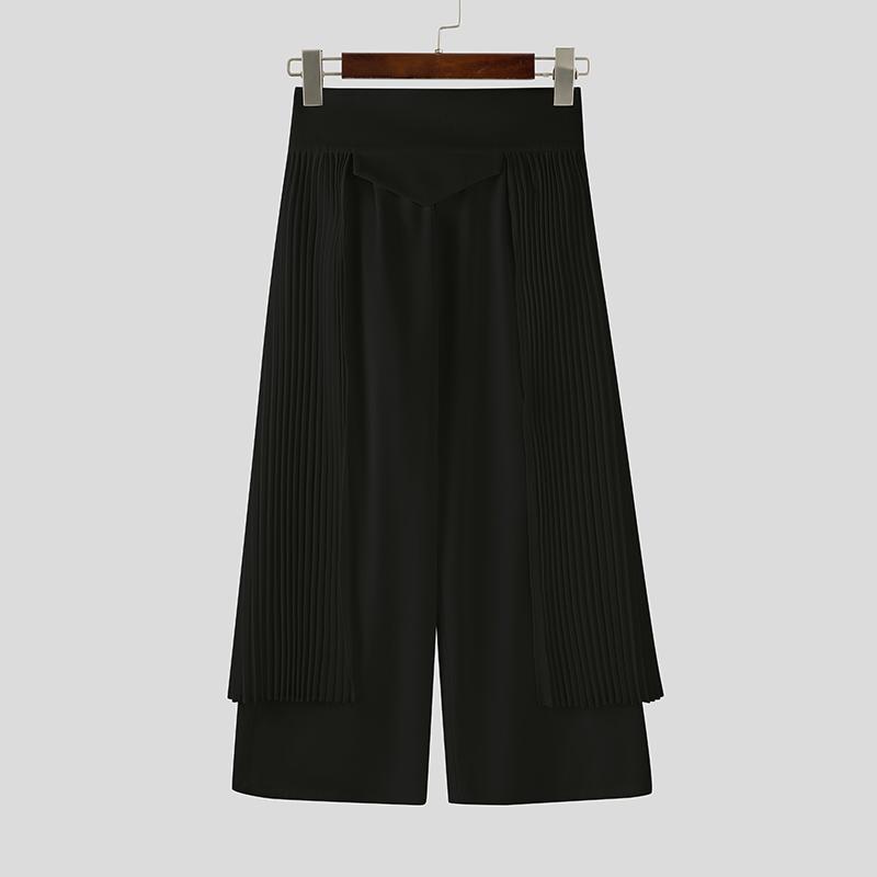 

INCERUN Men Casual High Waist Pleating Double Layers Long Wide Legs Pants Trousers S чёрный
