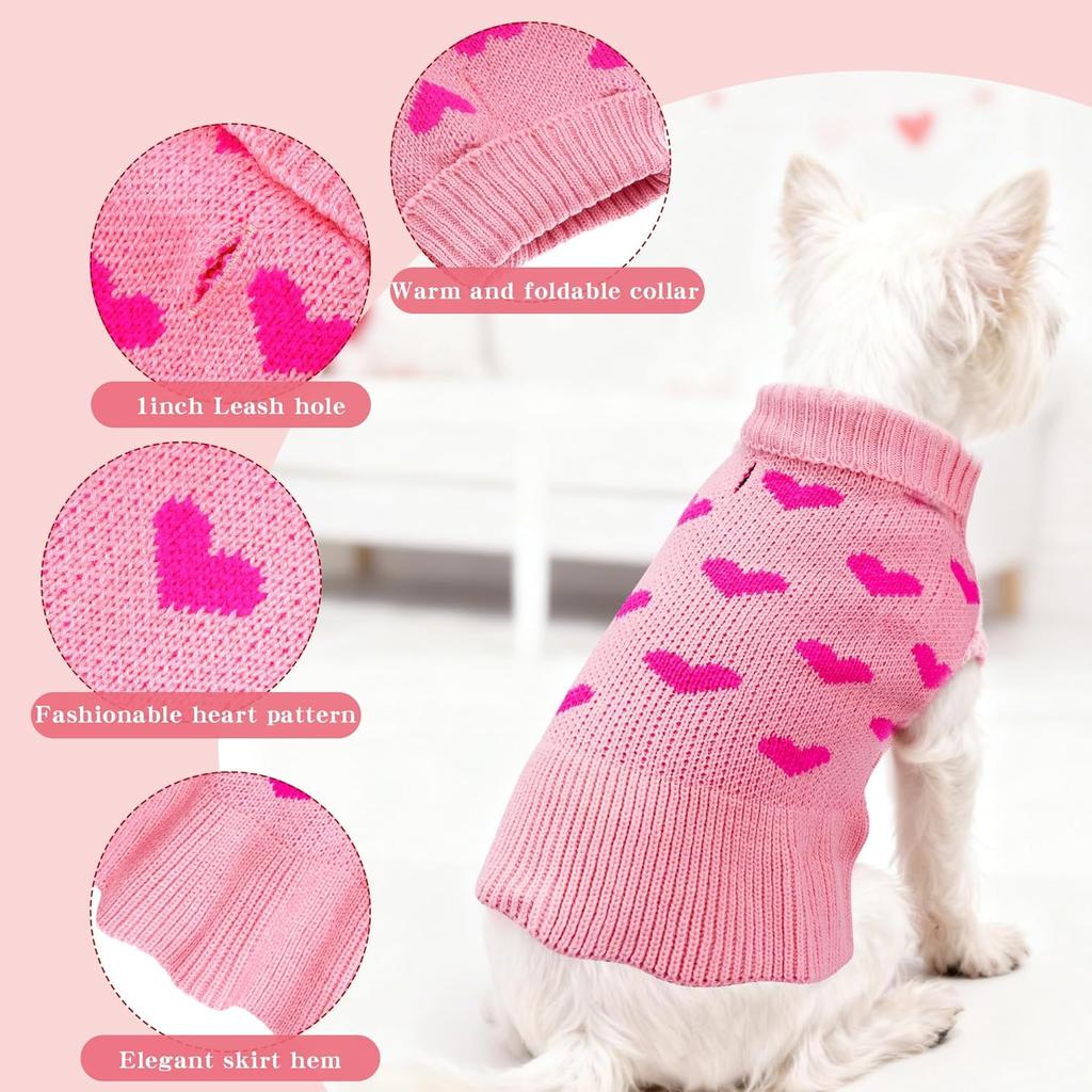 Small Dog Sweater Dress Heart Puppy Sweater Dog Knitted Clothes with Leash Hole Turtleneck Pullover Warm