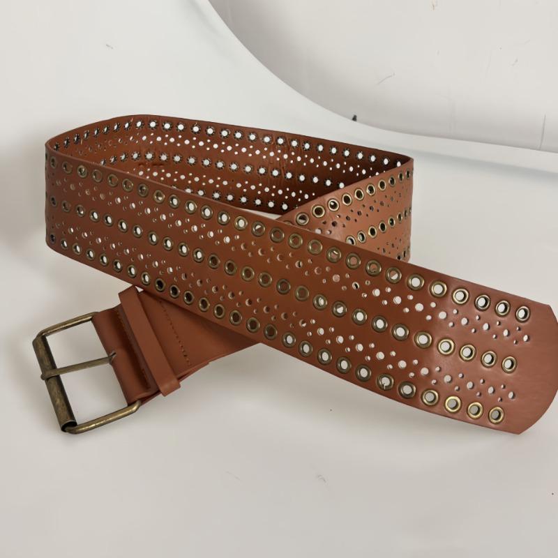 1pcs Punk Studded Wide Belt with Grommets Hollow Design PU Alloy Goth Rave Hip Hop Belt Unisex Heavy Duty Waist Chain Accessory