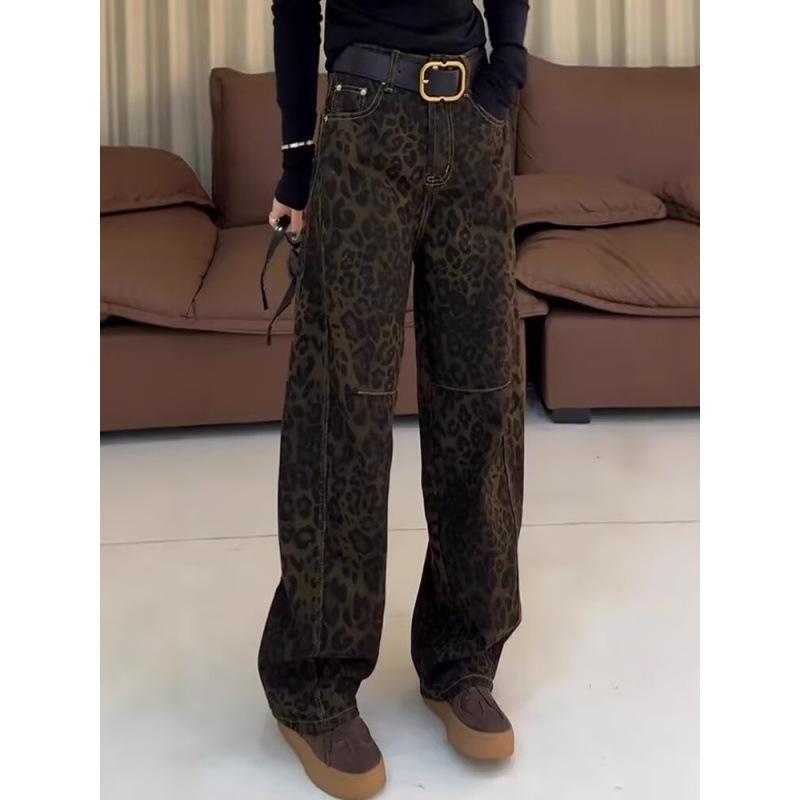 JYL Women's Wide-Leg Jeans American Vintage Leopard  Winter HipHop Slim Denim