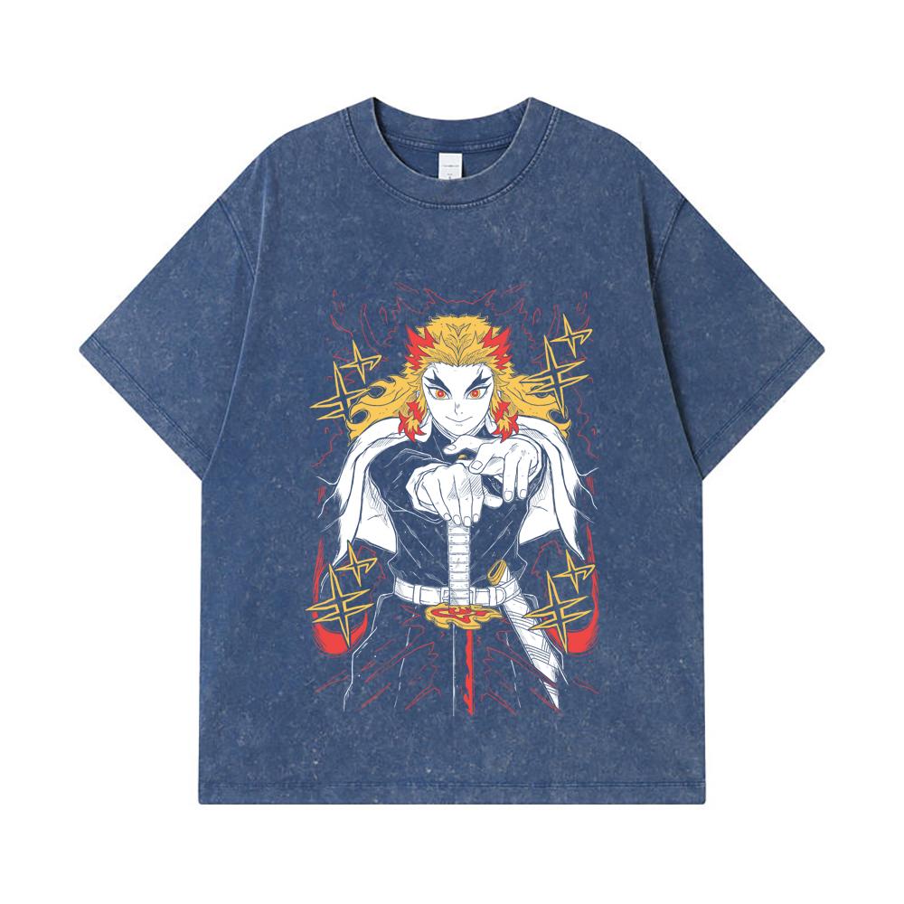 

275 GSM Washed T-shirts 100% Cotton Demon Slayer V43 Rengoku Print Unisex Heavy Cotton T Shirt 2XL