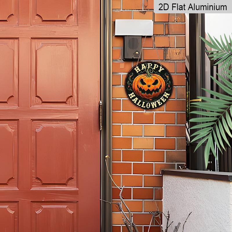 2D Flat Aluminum Decorative Plaques and Ornaments Sign, Round Metal Halloween Sign with Spiral Stem Jack Pumpkin, Distressed Rustic Wall Hanging