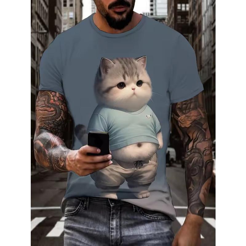 Funny Fat Cat Printed T Shirt Short Sleeve T Shirt 3D Print Fashion O-Neck Shirt Green Summer Spring Cute Clothing Apparel