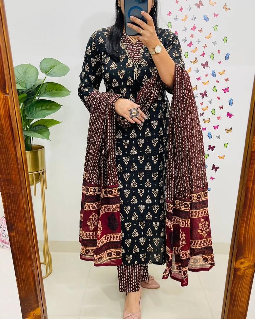 Party Wear Designer Cotton Kurta Pant Dupatta Set Indian Pakistani Top Tunic Kurti Salwar Suit