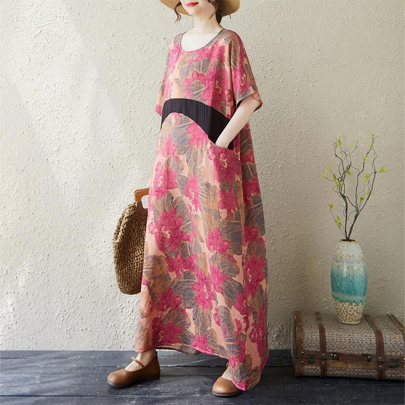 Kurzarm Plus Size Baumwolle Vintage Blumenmuster Neu in Kleidern für Damen lässig locker langes Sommerkleid