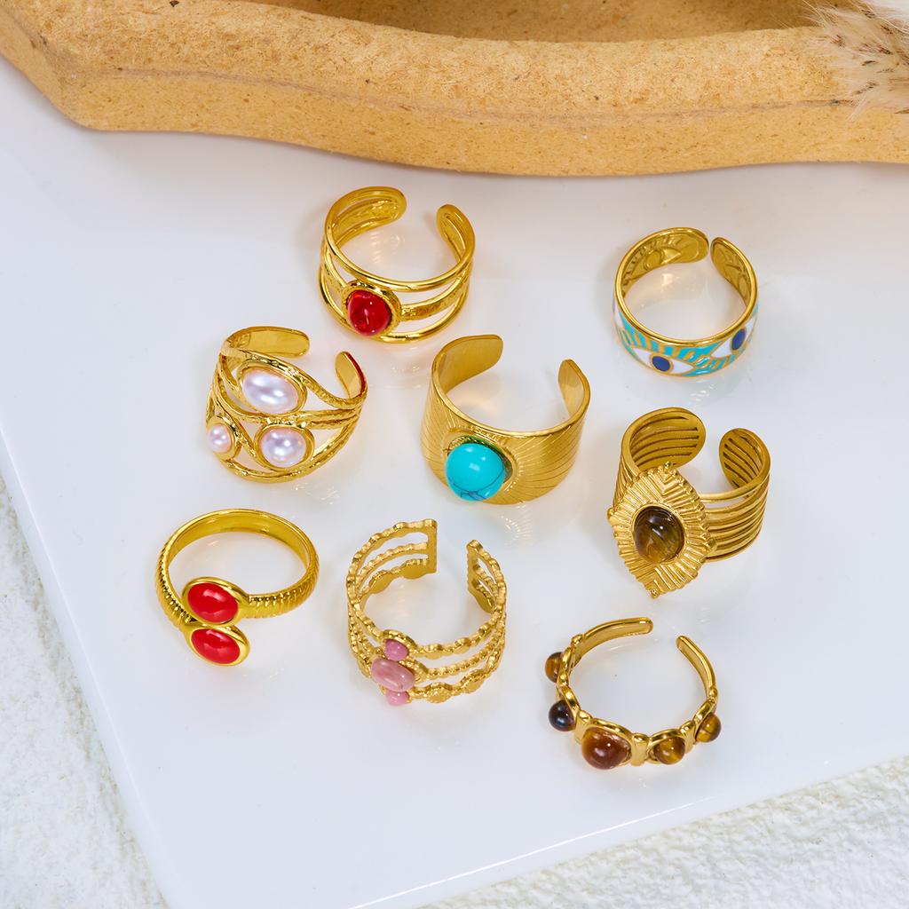 Stainless Steel Open Ring For Women Vintage Ethnic Style Natural Stone Enamel Evil Eye Finger Ring Party Wedding Banquet Jewelry