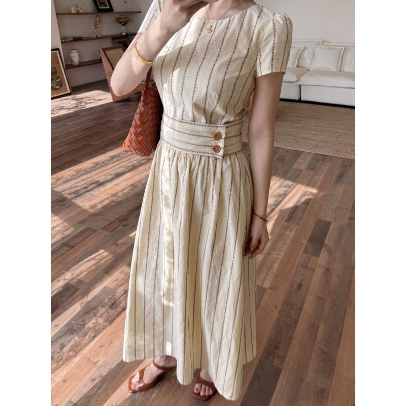 

Women s Striped Cotton Dress Square Neck Short Sleeve High Waist A-Line Midi Length Casual Dress S абрикосовий