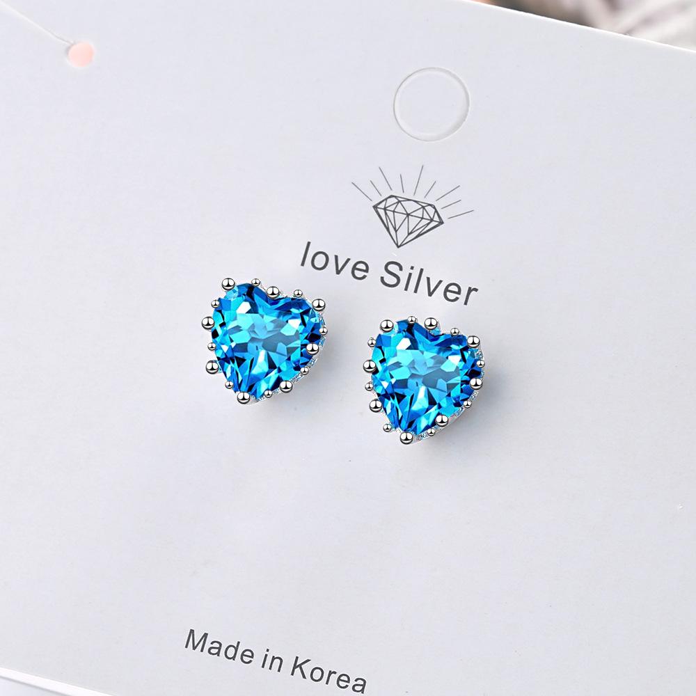 925 Silver Heart Blue Zircon Engagement Stud Earrings For Women Luxury Jewelry Elegant Accessories Jewellery