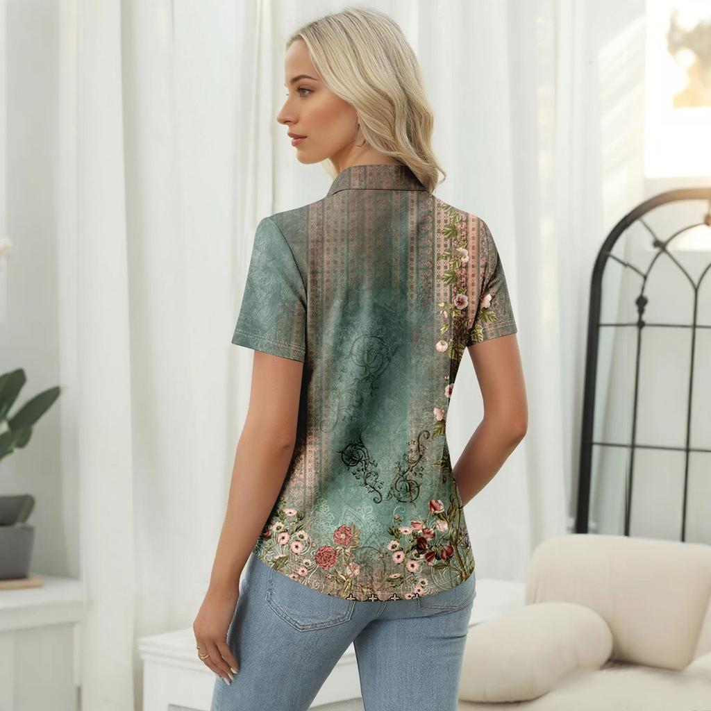 Maglietta casual da donna con stampa floreale, scollo a V, manica corta, bottoni decorativi