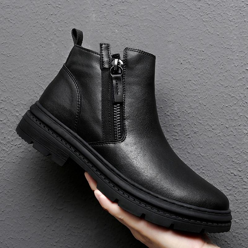 Fashion Side Zipper Male Motorcycle Boots Handmade Mens Sneakers Genuine Leather Men Winter Plush Snow Boots Men Casual High Top Shoes