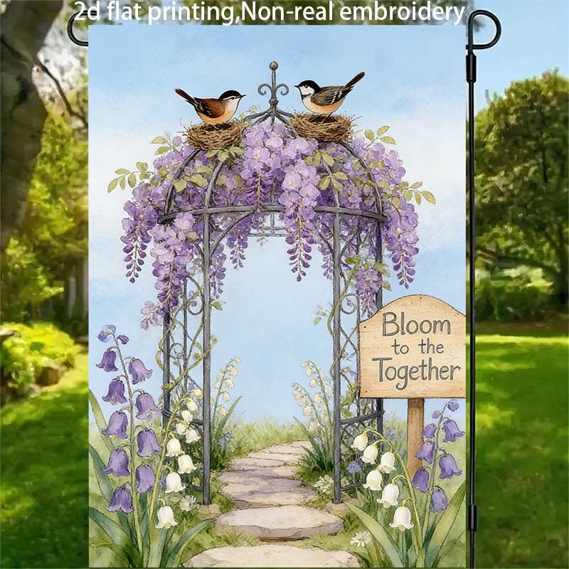 2D Flat, 1pc, 2D Flat Printing, Floral and Bird Arch Garden Flag, "Bloom To the Together," Polyester Material, Multiple Sizes Available, Machine Washa