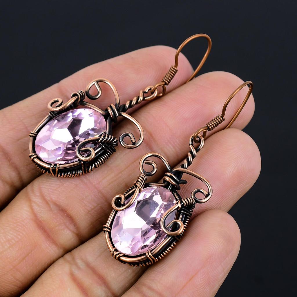 Pink Kunzite Earrings Gemstone Jewelry, 999 Copper Wire Wrapped Earrings, Handmade Beautiful Jewelry Earrings