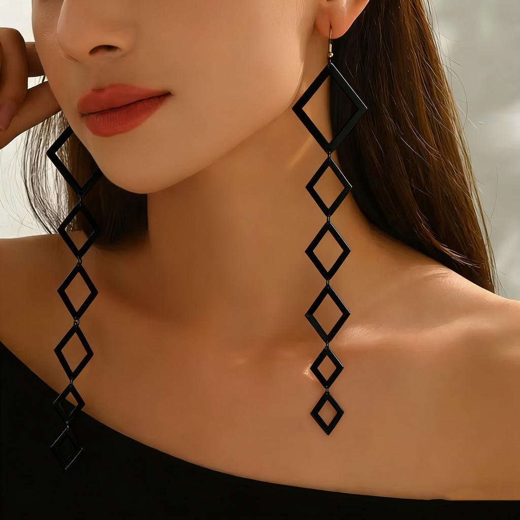Women's Long Multi-Layer Hollow Drop Earrings - Black