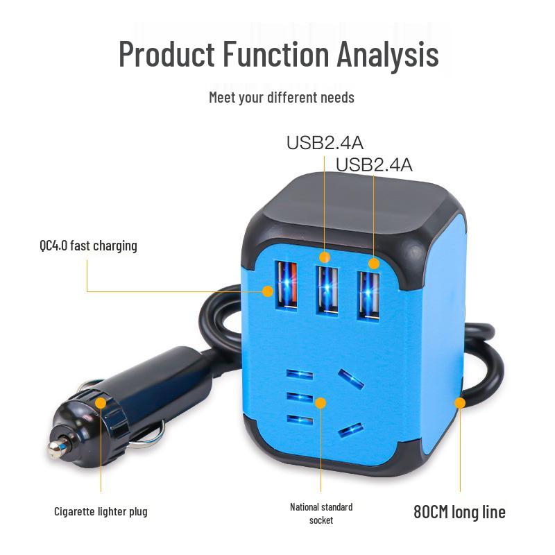 

Автомобильный и грузовой инвертор питания 12 В/24 В на 220 В с розеткой для быстрой зарядки USB Standard Cube Fast Charge - Blue