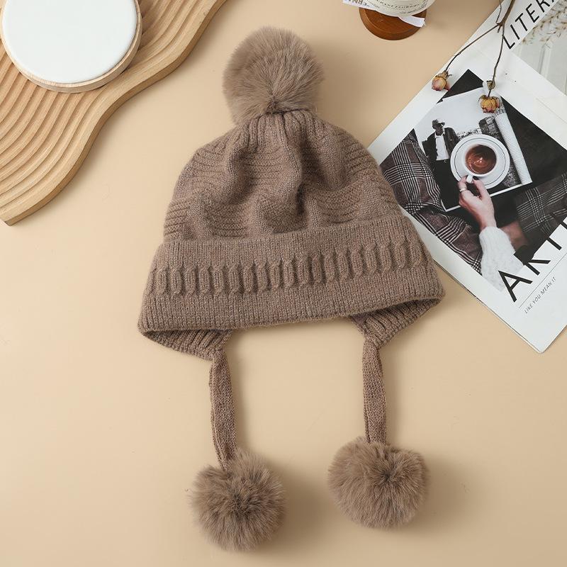 Sweet and Cute Triangle Striped Rabbit Fur Plus Velvet Warm Hat Autumn and Winter Fashion Casual Wool Hat Outdoor Cold Hat Korean