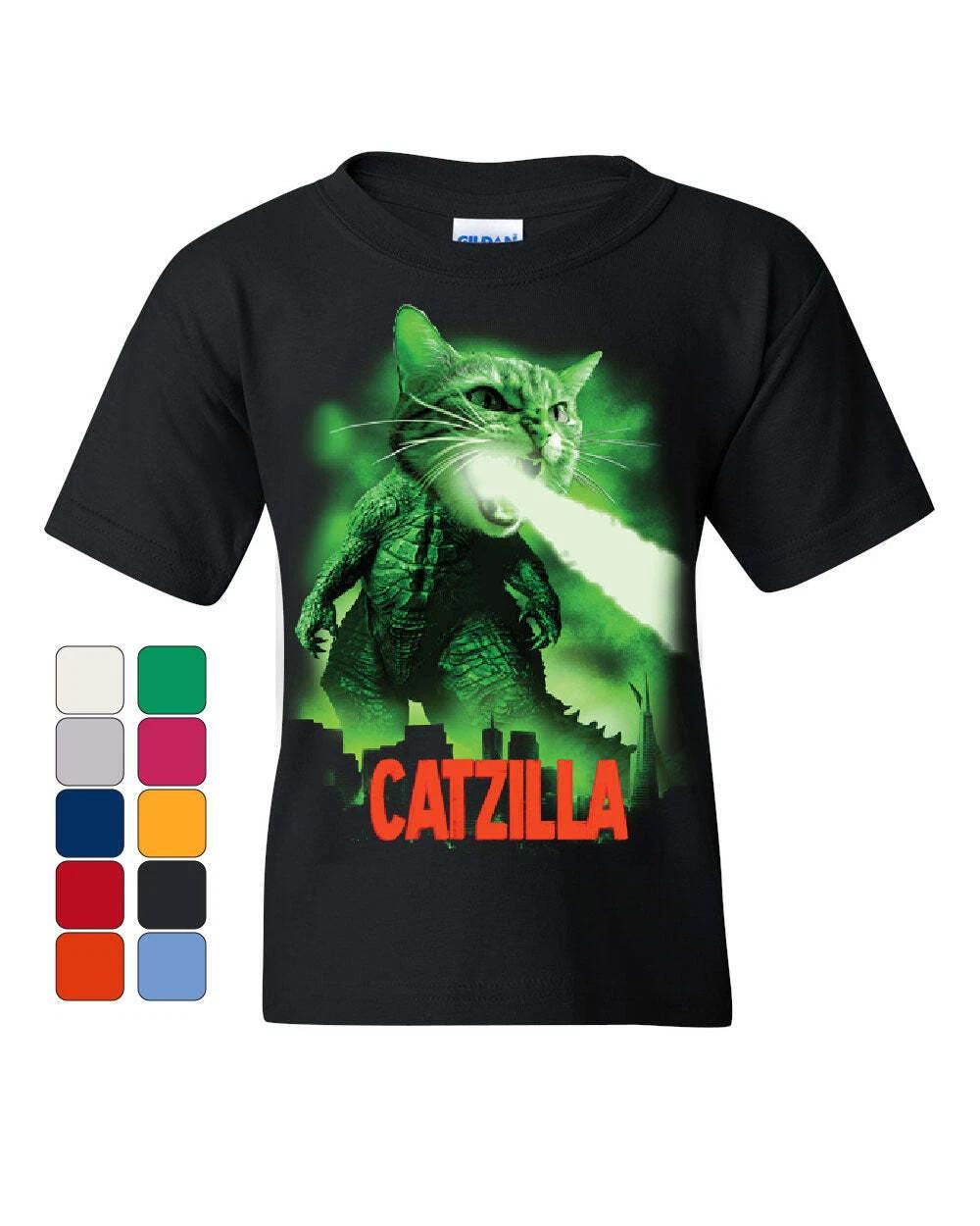 

Catzilla Funny Parody Youth kids boys T-Shirt Cat Kitten Pet Atomic Breath Kids Tee 150