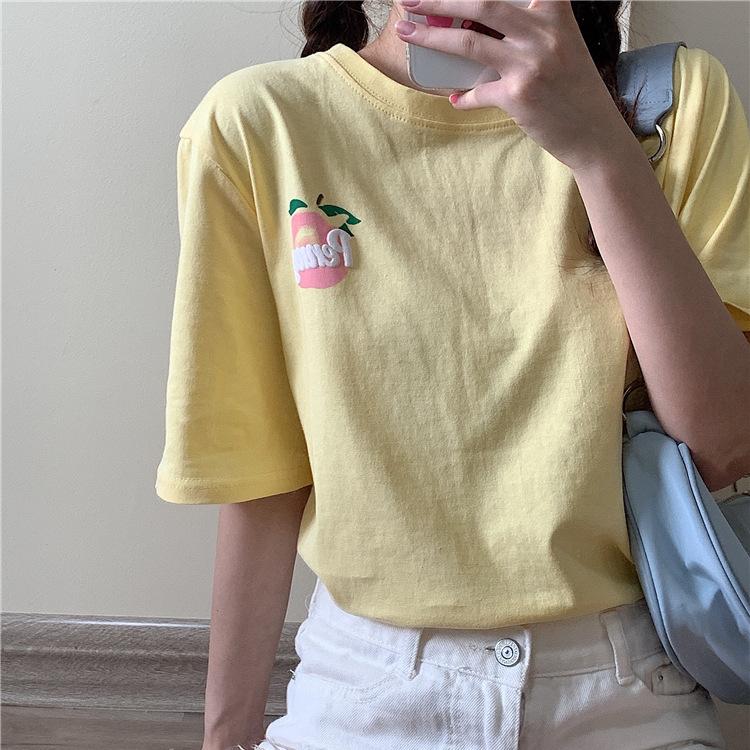 New Summer Loose Korean Version of Peach Letter Printing Simple Medium and Long Short-sleeved T-shirt Top Women's Trend
