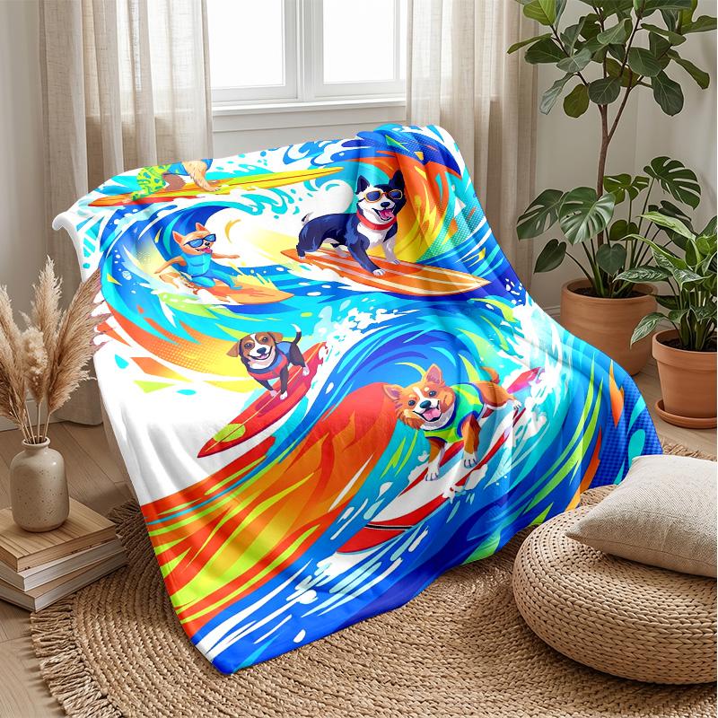 Surfing Dog Paradise Theme Blanket Lightweight Warm Flannel Blanket Decorative Throw Blanket for Home Decoration