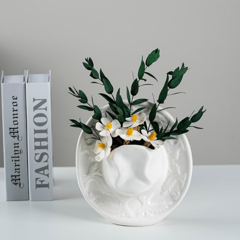 Ceramic Vase Handmade Bottle With Hat Hanging Modern Tabletop Decor for Floral Arrangement Studio