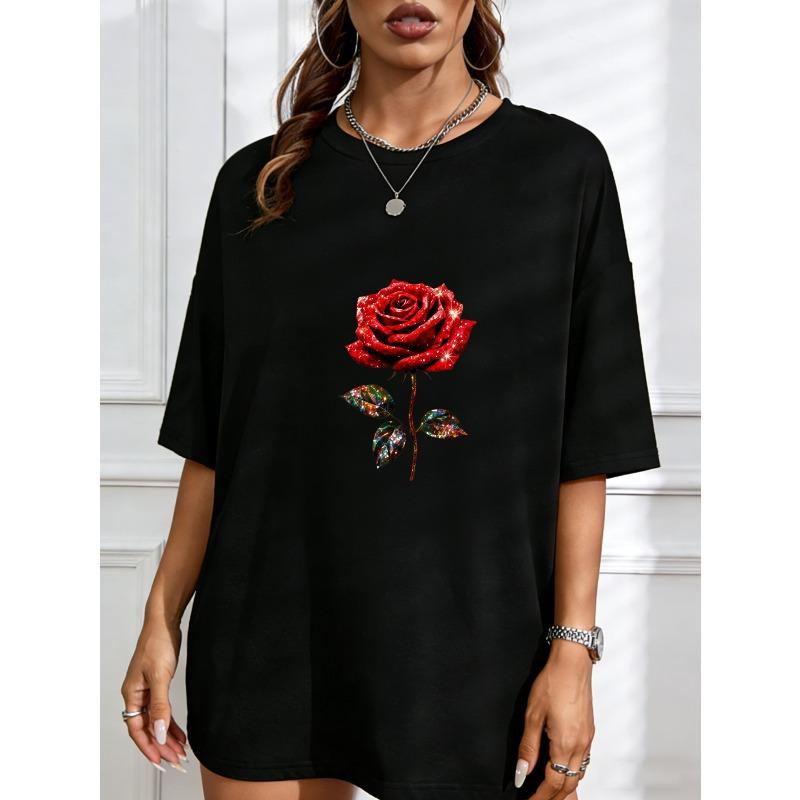 White T Shirt With Red Rose Print For Casual Wear