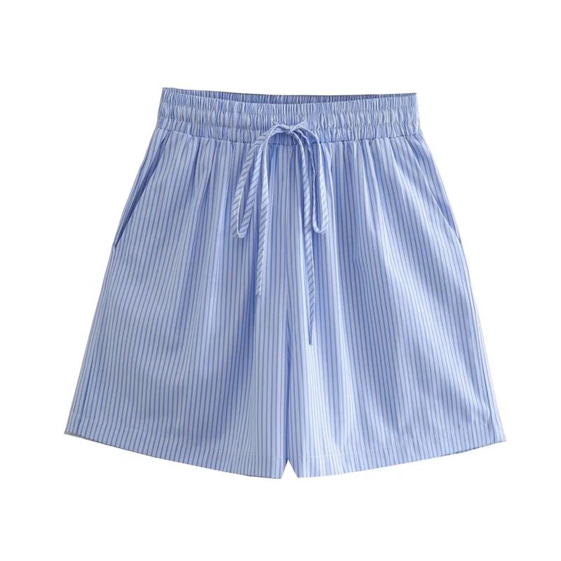 

Spring New Women s Clothing Casual Style Lapel Long Sleeves Stripes Shirt 1209140 Loose Stripes Shorts Blue pants L