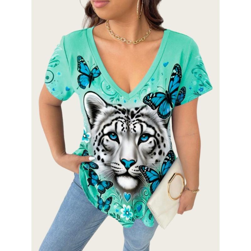 Women's Summer Short Sleeve T-Shirts V-Neck Tiger Printed Shirts Loose Plus Size Pullover Tops