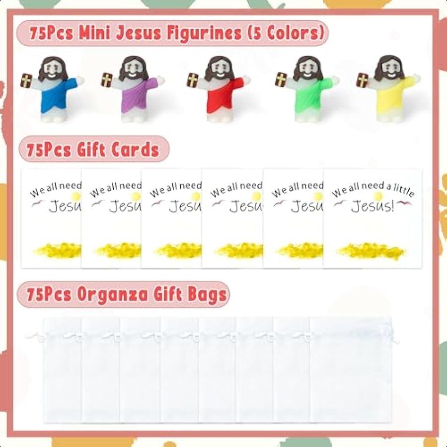 Mini Jesus Figurines Bulk 75Set Colorful Little Jesus Easter Toy with Prayer Cards Organza Bag Religious Party Gifts Pack Churc
