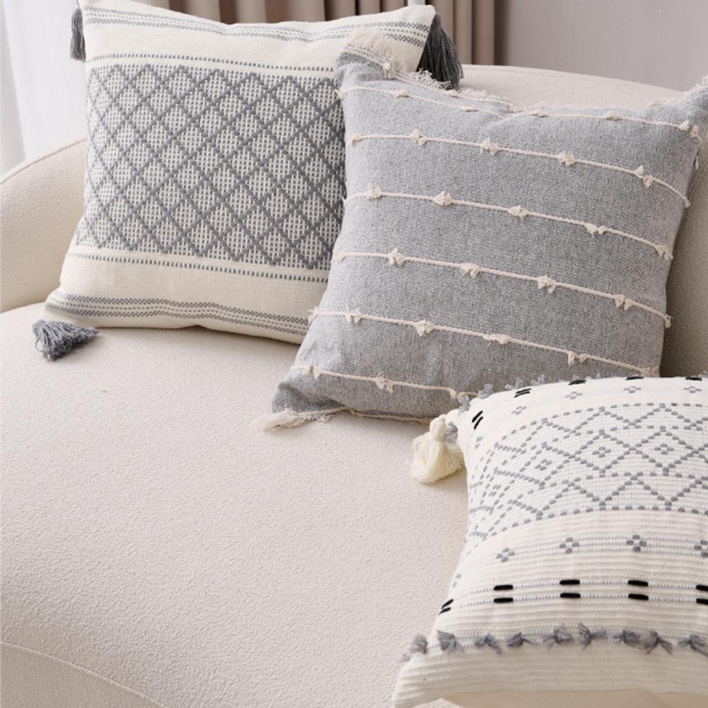 Throw Pillow Boho Soft Cotton Pattern And Tassels Pillow Cover With Braided Rope Textured Striped Woven Tufted Cushion Case