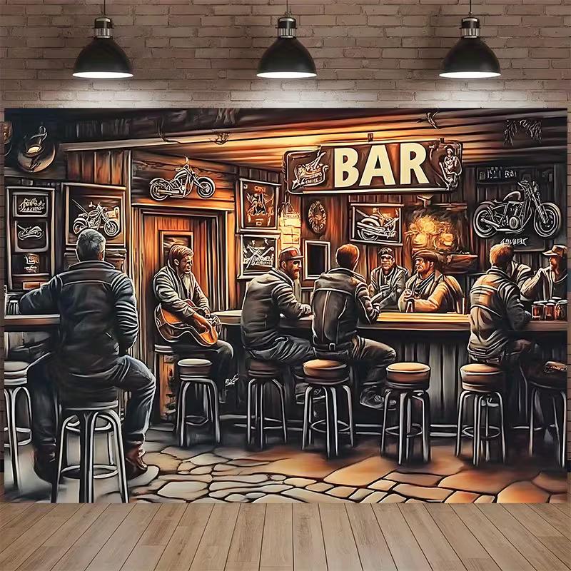 2D Western Biker Bar Banner Cozy Tavern & Live Guitar Party Background