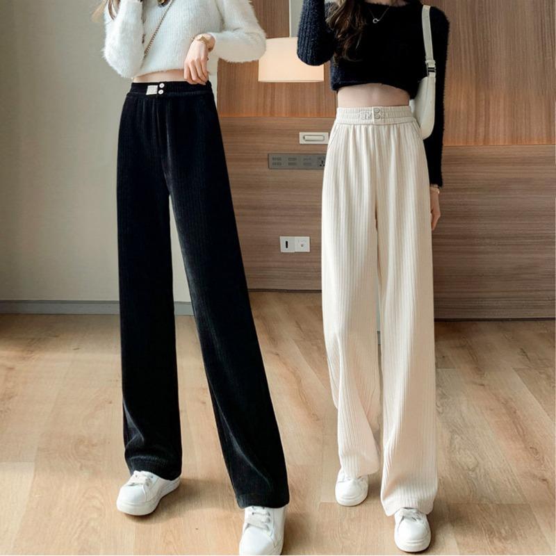 Autumn Winter Elastic High Waist Loose Casual Wide Leg Corduroy Pants Women Solid Color Velvet Warm Trousers