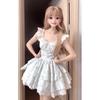 Koreanisches blaues Blumenkleid für Damen, kleiner Sommer-Taillen-Puff-Kurzrock, kleiner Fliegenärmel-Kuchenrock
