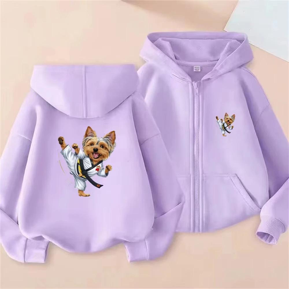 Kinder Reißverschluss Kapuzenjacke Niedlicher Yorkshire Terrier Karate Hund Grafik Langarm Lässiger Sport Hoodie Für Jungen Mädchen Tägliche Oberteile