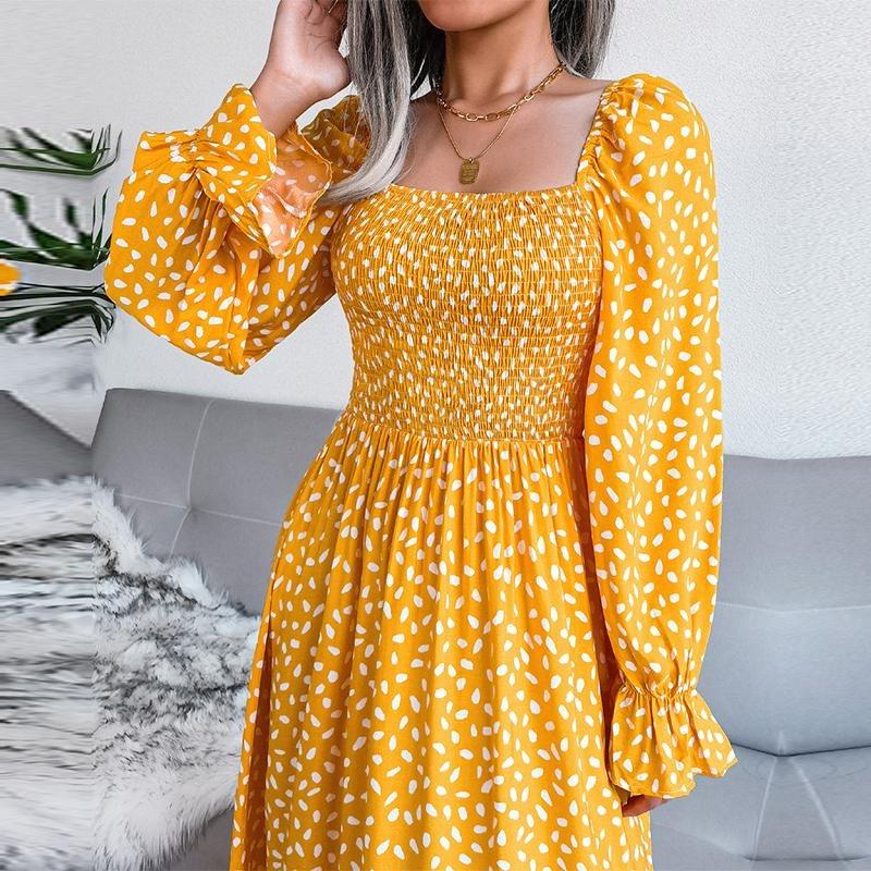 Fall Winter Square Neck Long Sleeve A Line Pleated Printed Long Dress S-XL