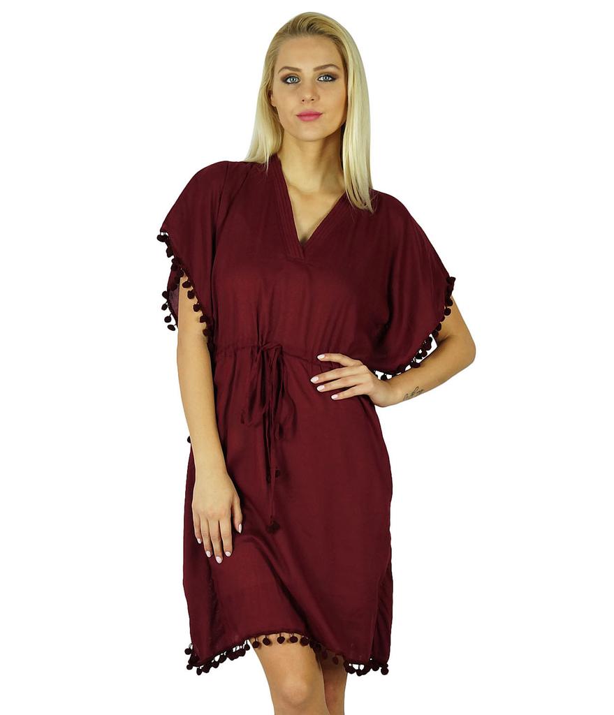 Bimba Women Cotton Kaftan With Pom Pom Tassels Short Caftan Beach Coverup