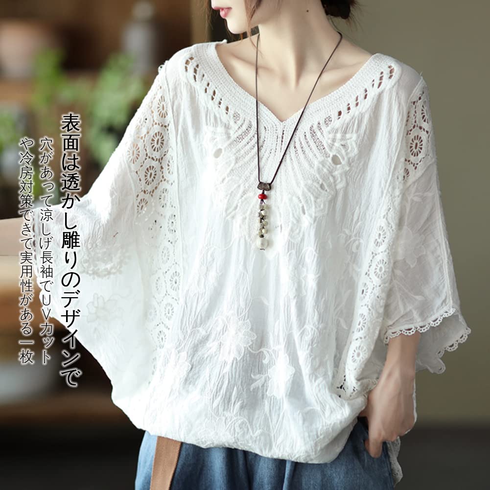 Lace Dolman Short UV Air Conditioning Loose Covers Body Adult Everyday Summer [Bidason] Women's Blouse, Shirt, Sleeve, V-Neck, Sleeve, Cotton,