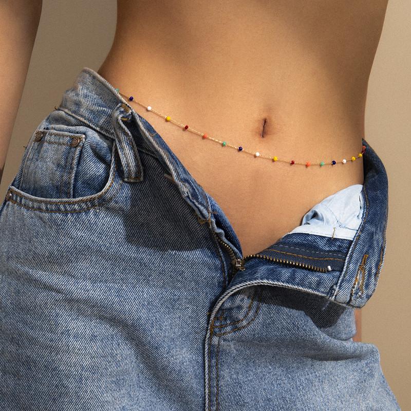 Bohemian Colorful Crystal Sexy Double Layered Fashion Body Chain European and American Fine Chain Pearl Spicy Girl Waist Chain