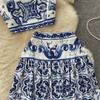 Blue & White Porcelain Print Camisole and High-Waist Midi Skirt Set for Women